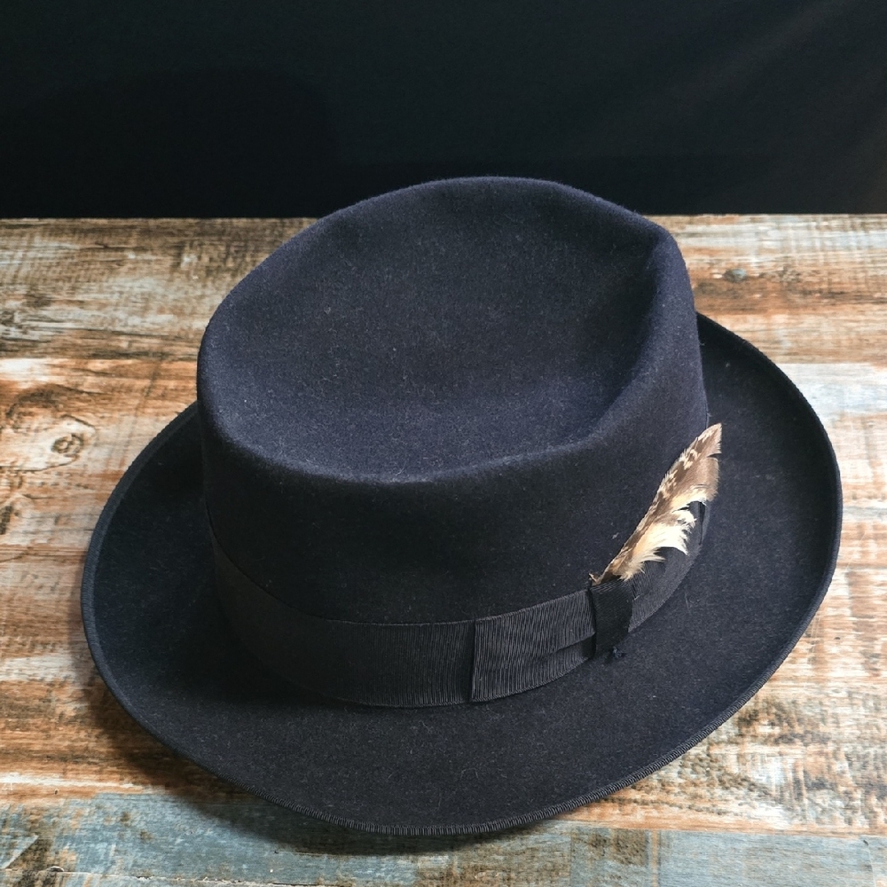 Black Pork Pie Hat with Owl Feather Accent